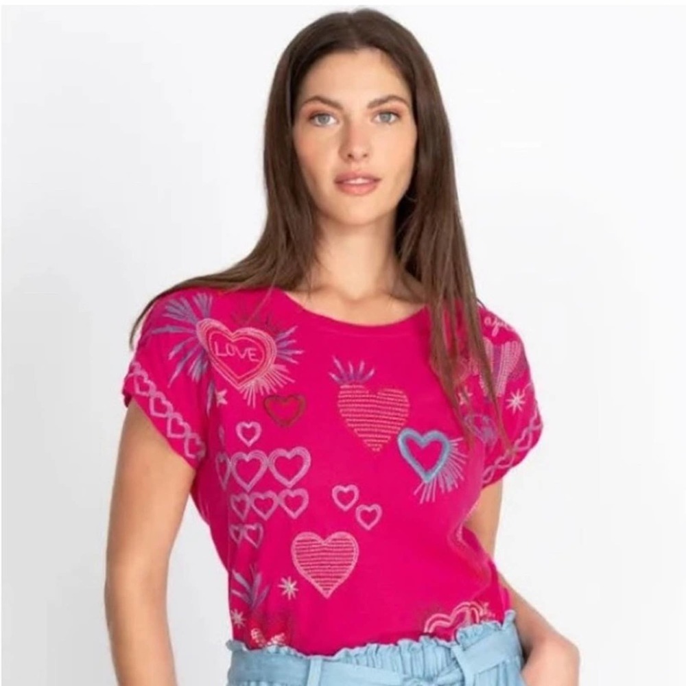 Johnny Was Pink Heart Patterned Short Sleeve Top